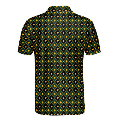 Detailed back view of the black and green argyle polo shirt