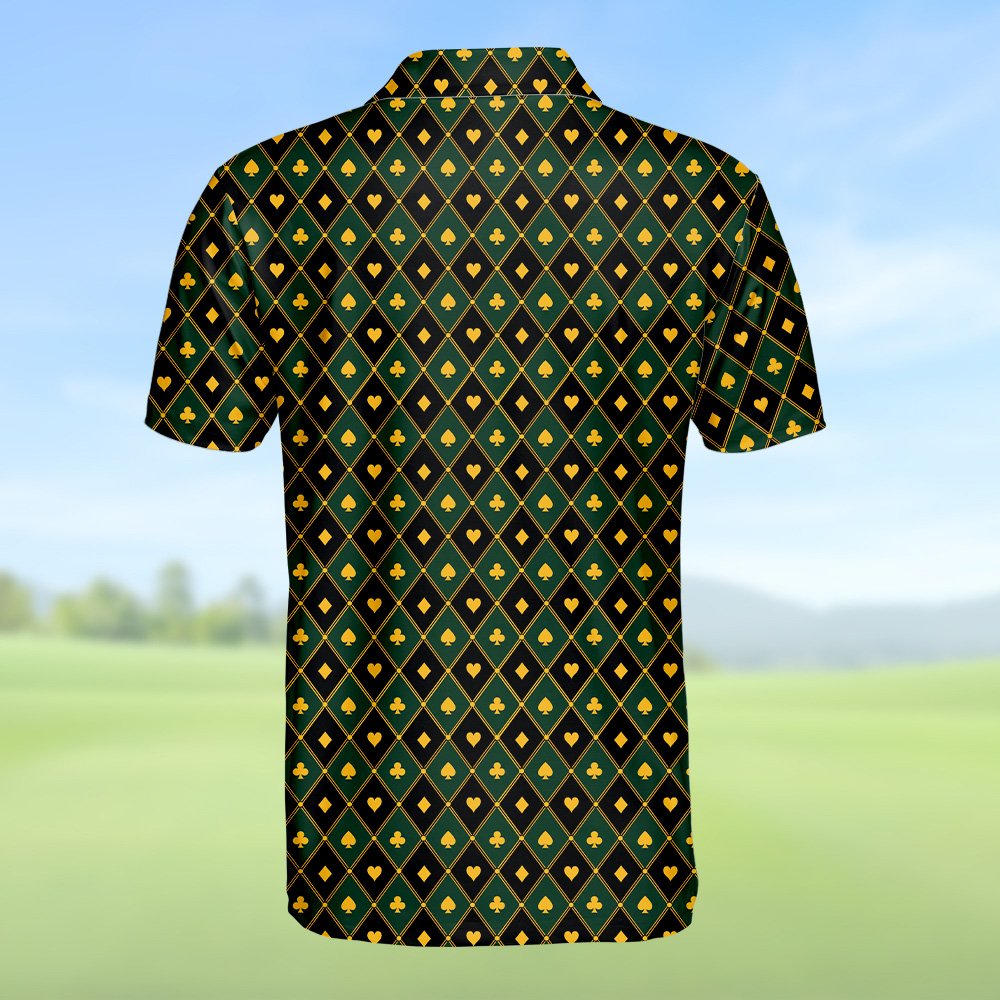Back view of the green casino polo shirt showing the continuous geometric pattern