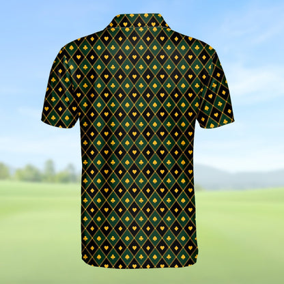 Back view of the green casino polo shirt showing the continuous geometric pattern