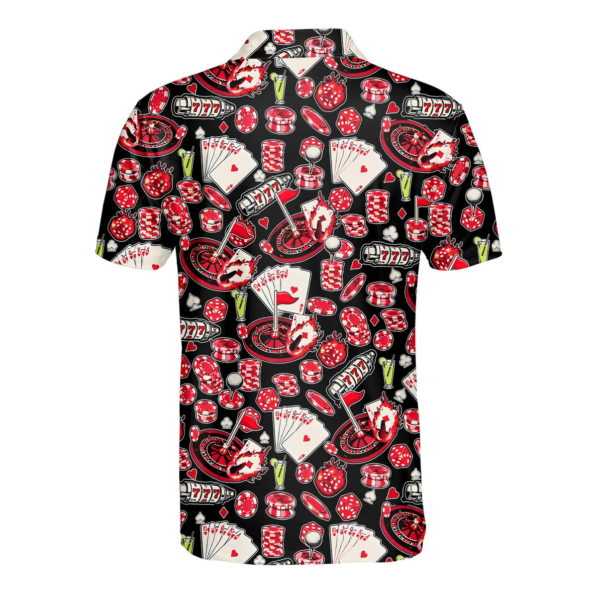 Back view of the casino polo shirt showing slot machine symbols and playing cards