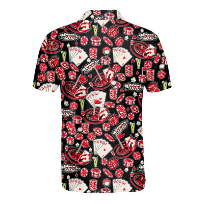 Back view of the casino polo shirt showing slot machine symbols and playing cards