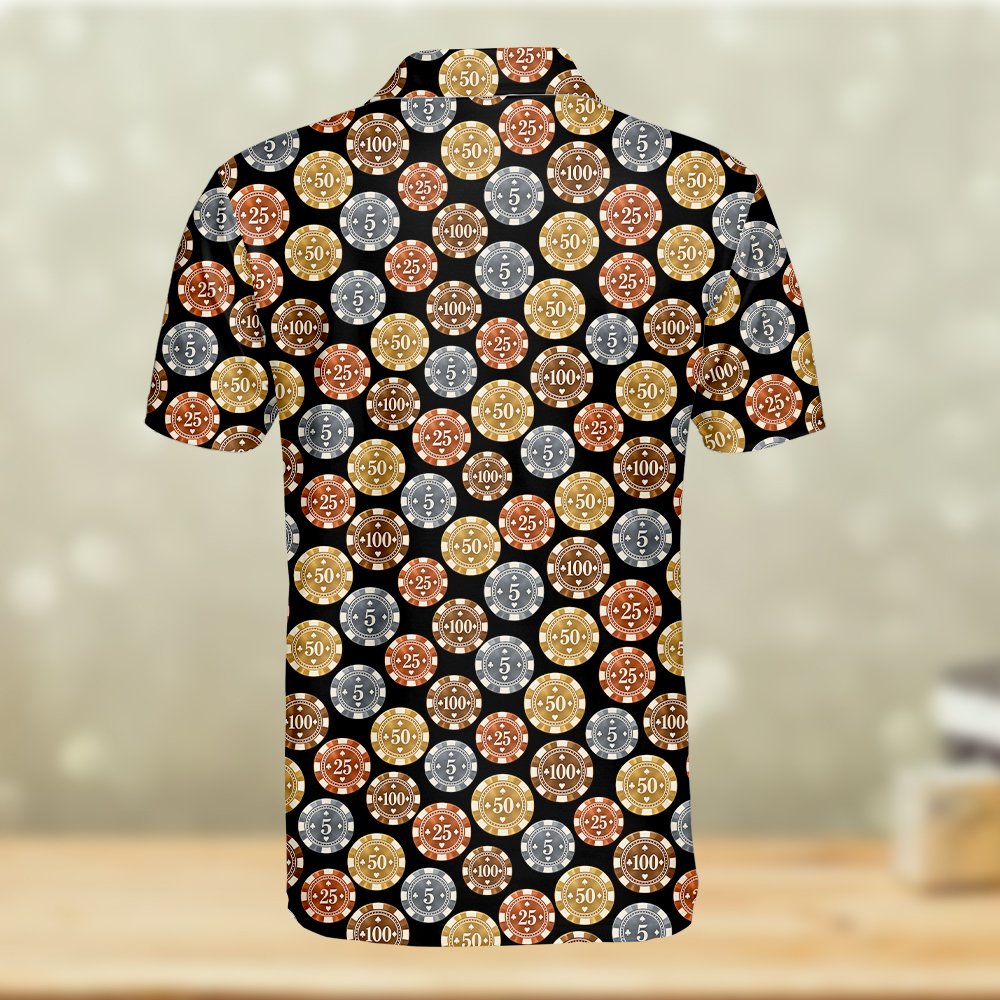 Back view of the multicolor casino polo shirt showing the repeating pattern