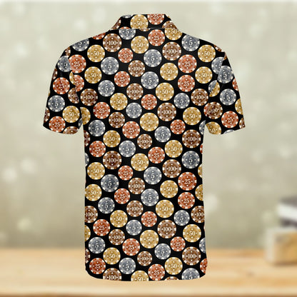 Back view of the multicolor casino polo shirt showing the repeating pattern