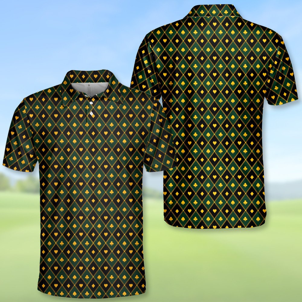 Detailed front view of the geometric polo shirt with spades, hearts, clubs, and diamonds