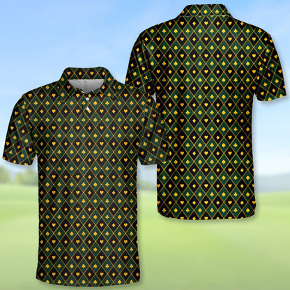 Detailed front view of the geometric polo shirt with spades, hearts, clubs, and diamonds
