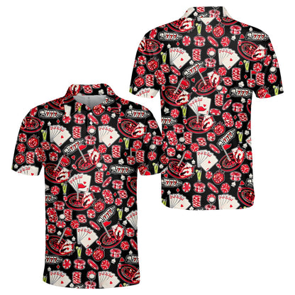 Detailed front view of the black casino polo shirt with all-over print