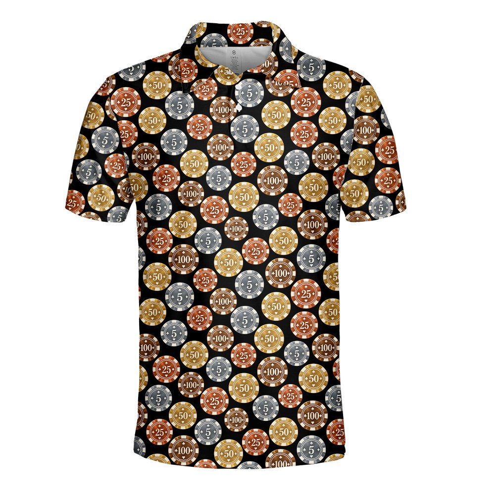 Close-up front view of the casino polo shirt pattern highlighting card suit symbols