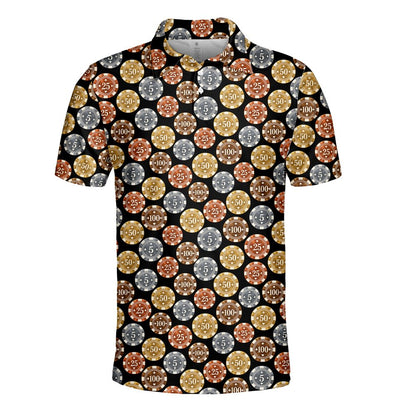 Close-up front view of the casino polo shirt pattern highlighting card suit symbols