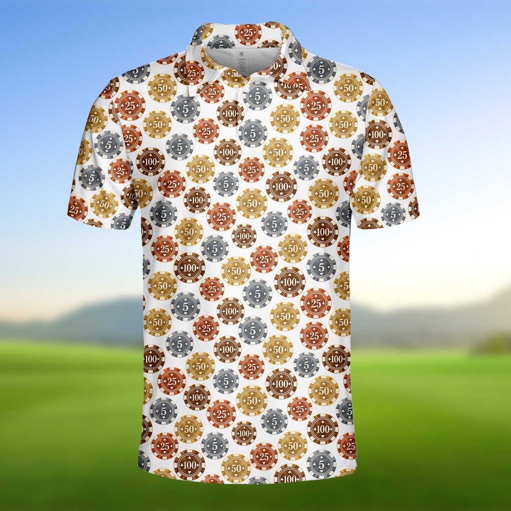 Detailed front view of the polyester casino polo shirt