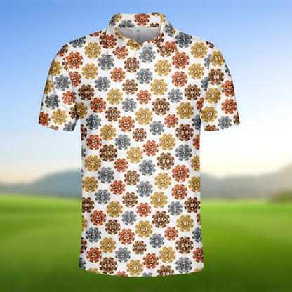 Detailed front view of the polyester casino polo shirt