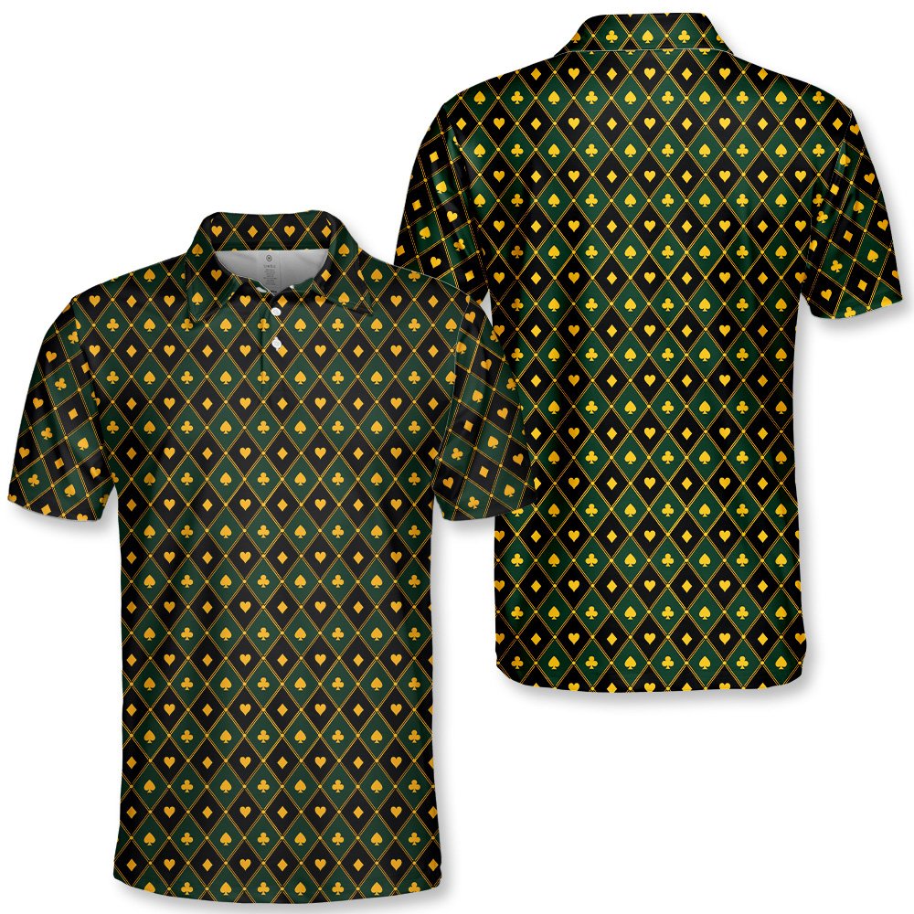 Close-up front view showing the collar and all-over casino print