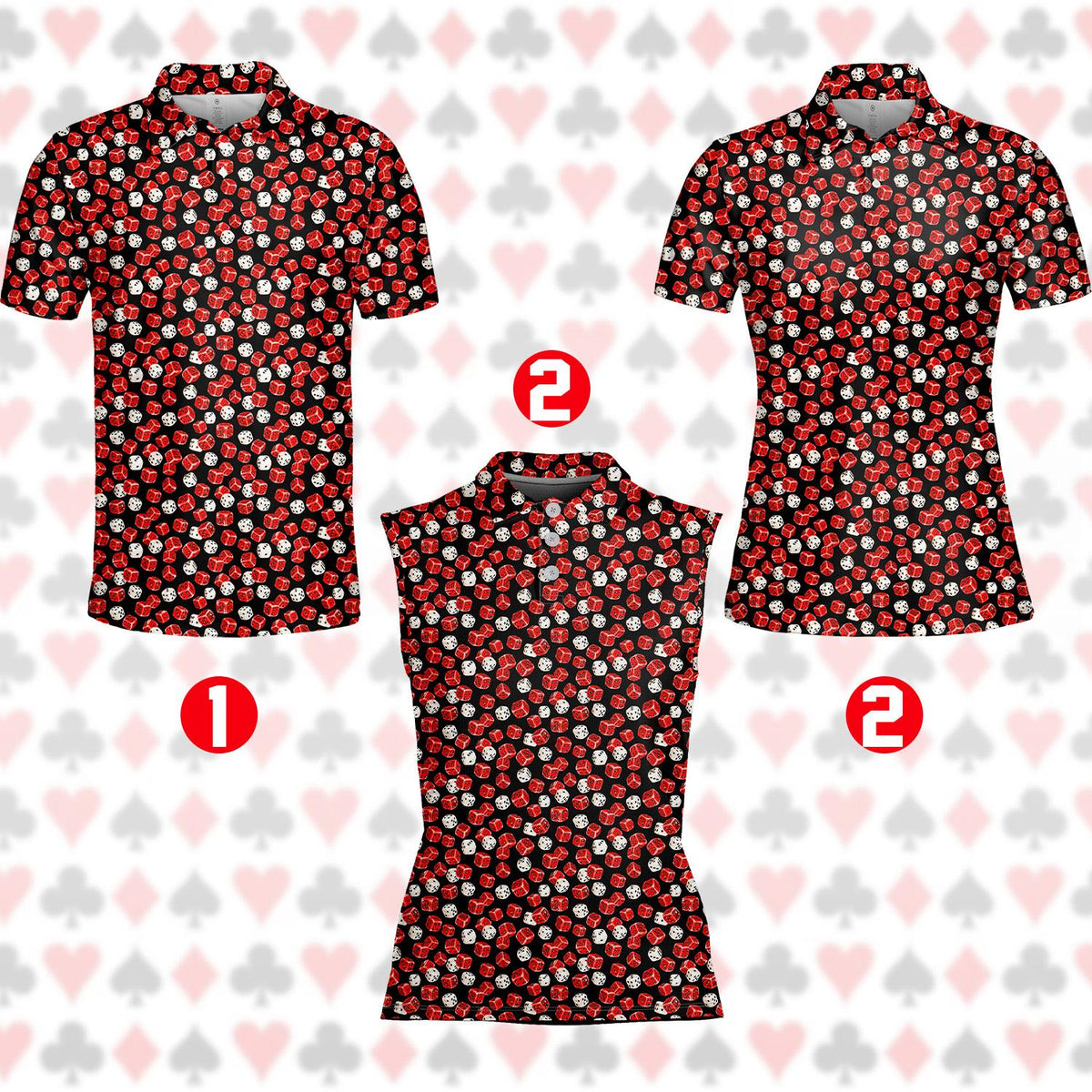 Front angle of the casino-themed polo shirt for adults