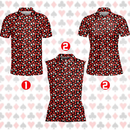 Front angle of the casino-themed polo shirt for adults