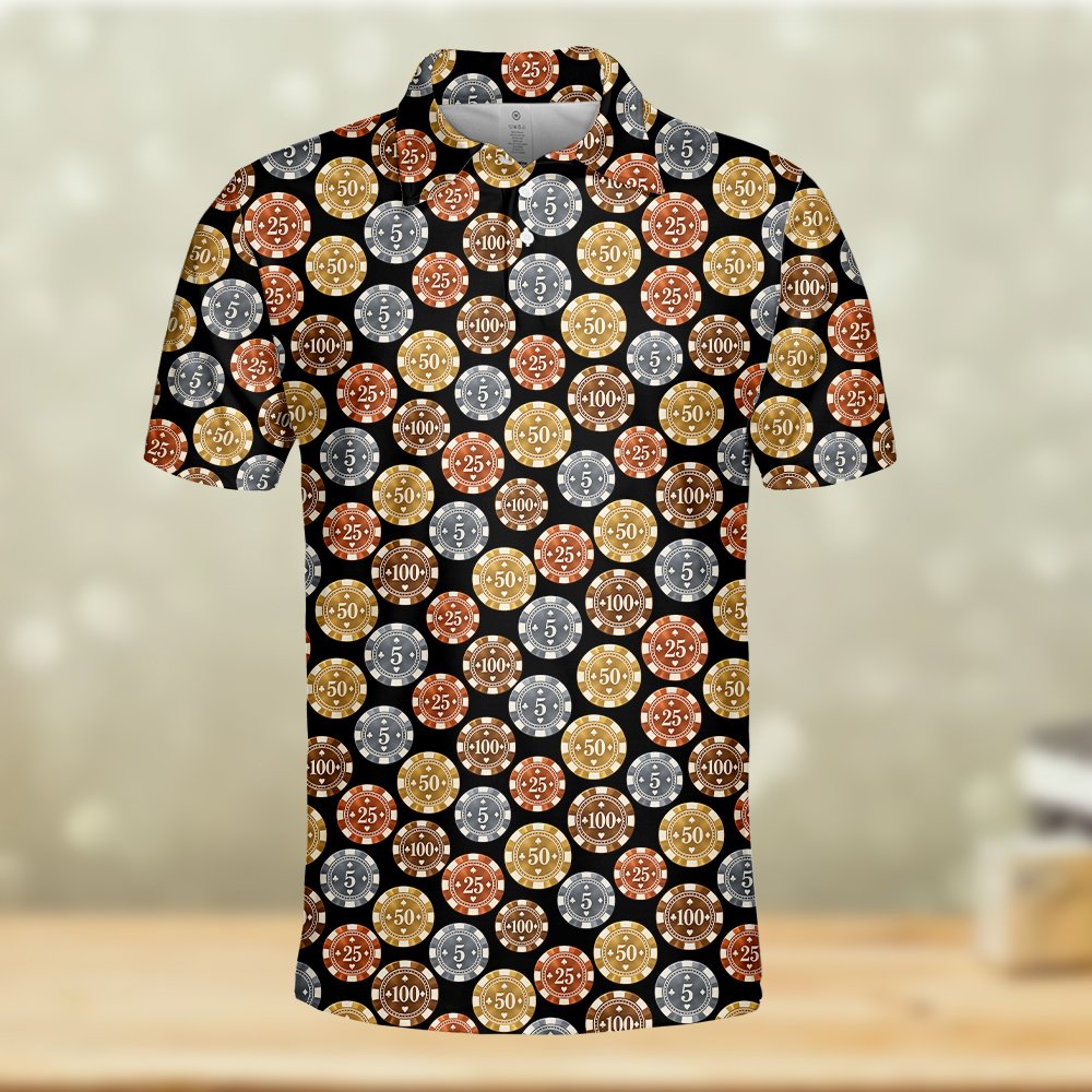 Another front view angle of the casino polo shirt with poker chips