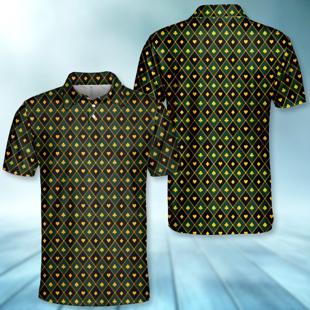 Another front view of the green and black argyle polo shirt