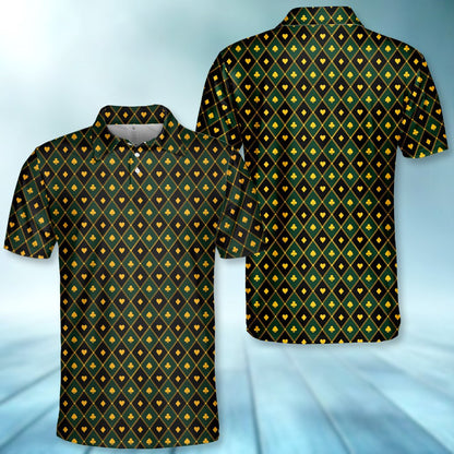 Another front view of the green and black argyle polo shirt