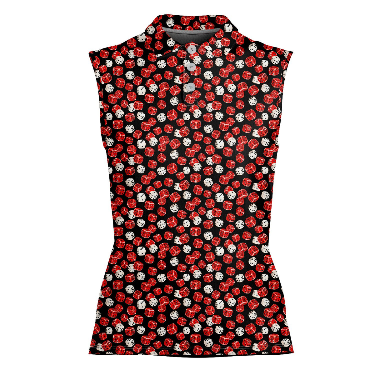 Detailed front view of the abstract dice pattern on the polo shirt