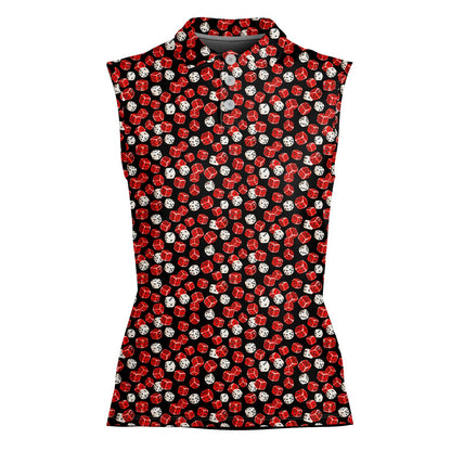 Detailed front view of the abstract dice pattern on the polo shirt