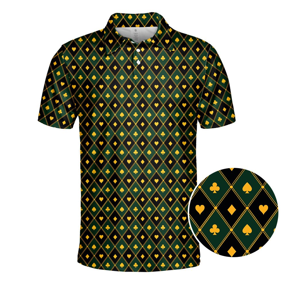 Front view of the green casino polo shirt with black and green diamond pattern