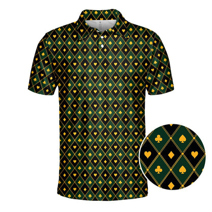 Front view of the green casino polo shirt with black and green diamond pattern