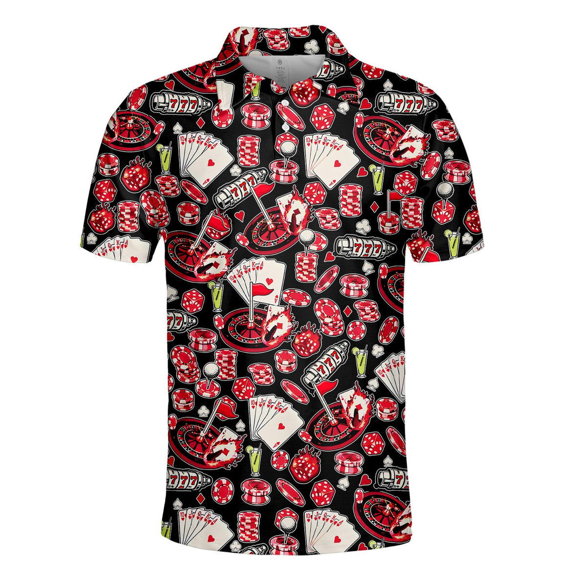 Front view of the casino polo shirt featuring red and white poker chips and dice