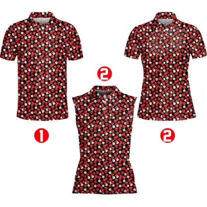 Front view of the red casino polo shirt with abstract dice design