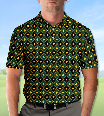 Second lifestyle view of a man modeling the geometric casino polo shirt