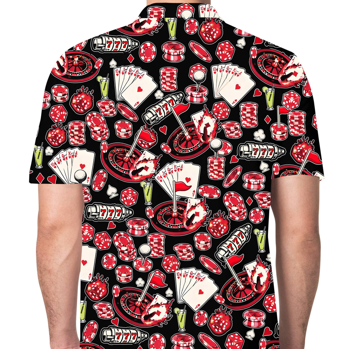 Third lifestyle view of the casino-themed polo shirt