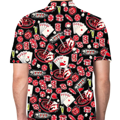 Third lifestyle view of the casino-themed polo shirt