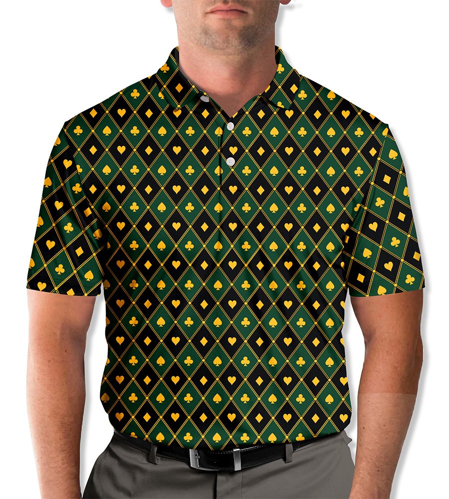 Lifestyle view of a man wearing the green casino polo shirt outdoors