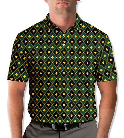 Lifestyle view of a man wearing the green casino polo shirt outdoors