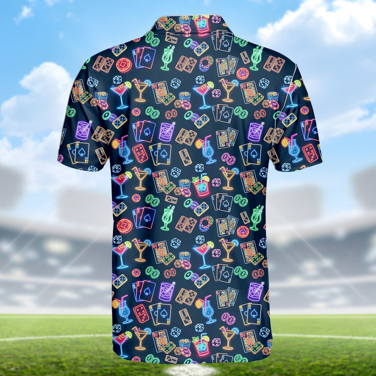 Back view of the dark navy casino neon polo shirt displaying vibrant icons