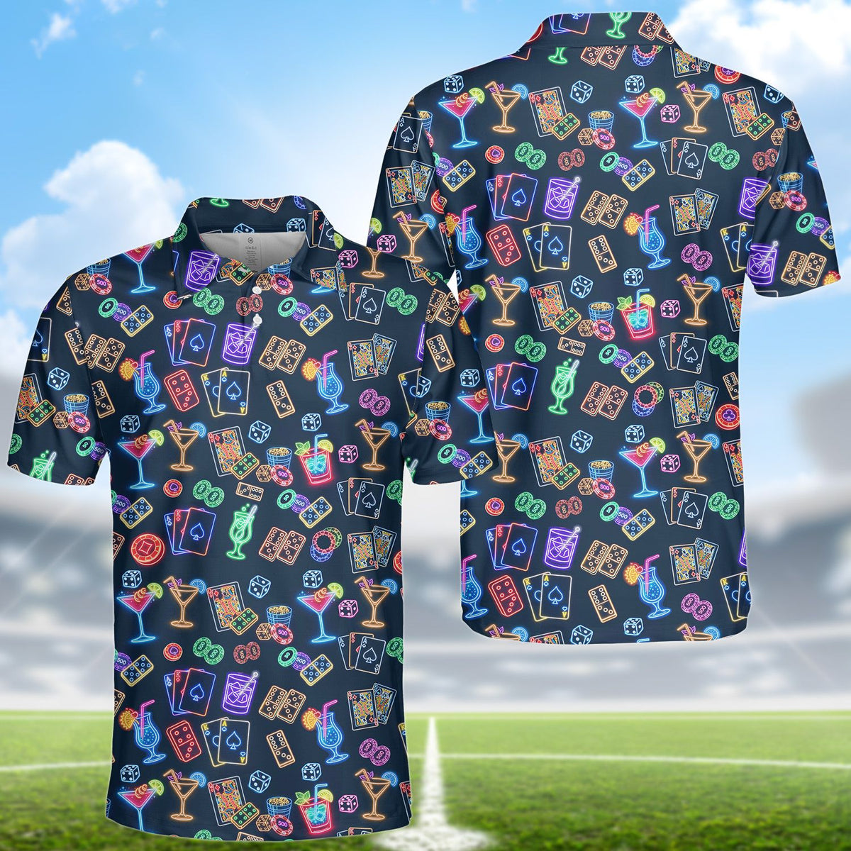 Close-up front angle of the neon casino icons on dark navy polo shirt
