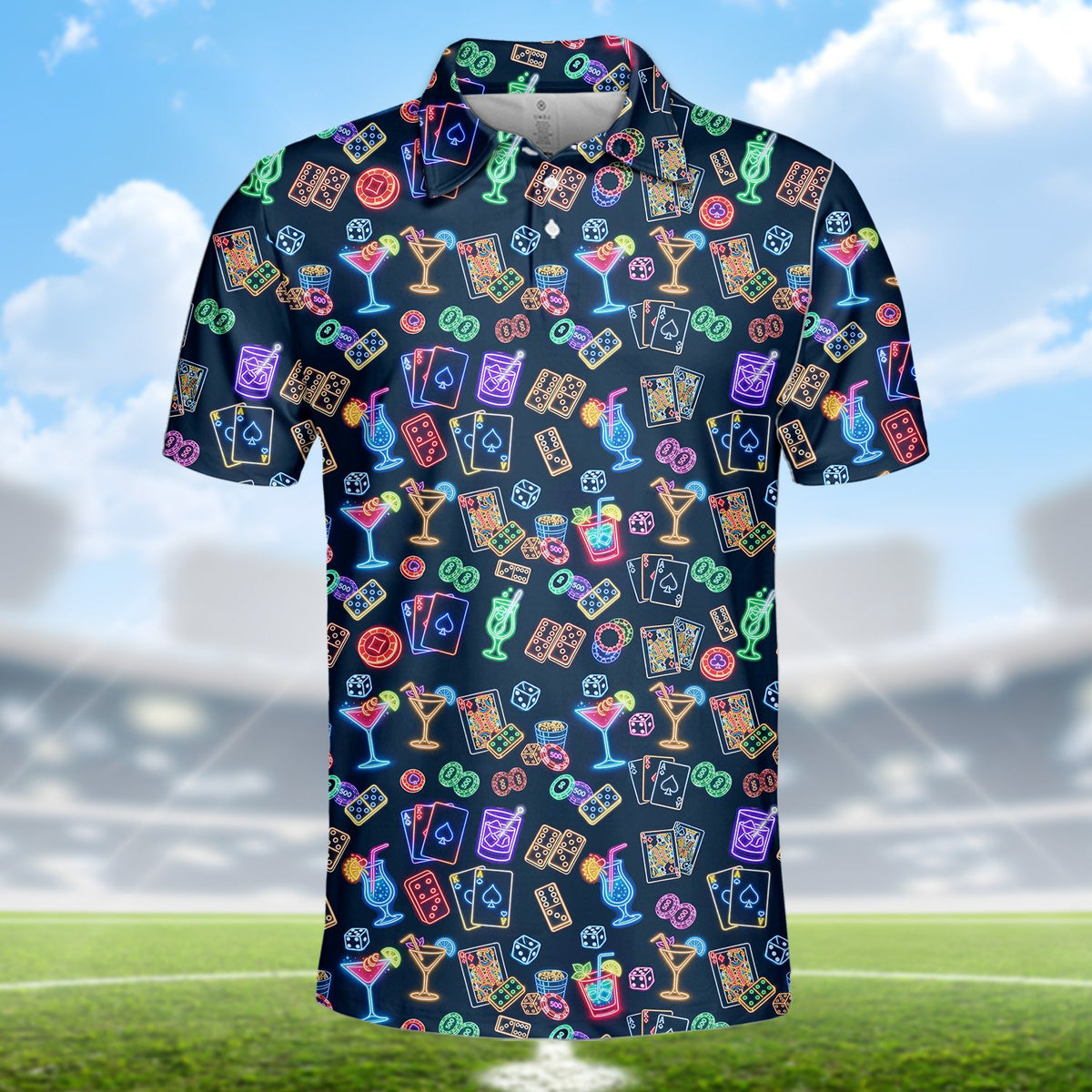 Detailed front view showing dominoes and dice on the navy neon polo shirt