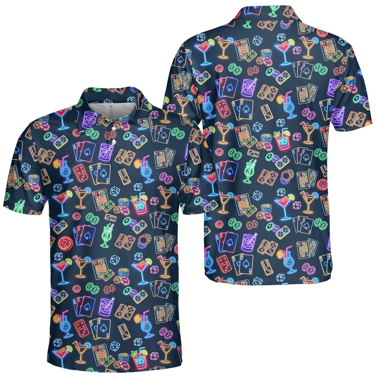 Another front view of the all-over print casino neon polo shirt