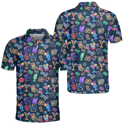 Another front view of the all-over print casino neon polo shirt