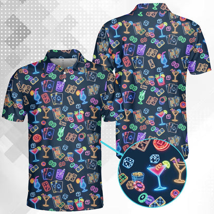 Navy casino neon polo shirt featuring bright cards and dice, main view