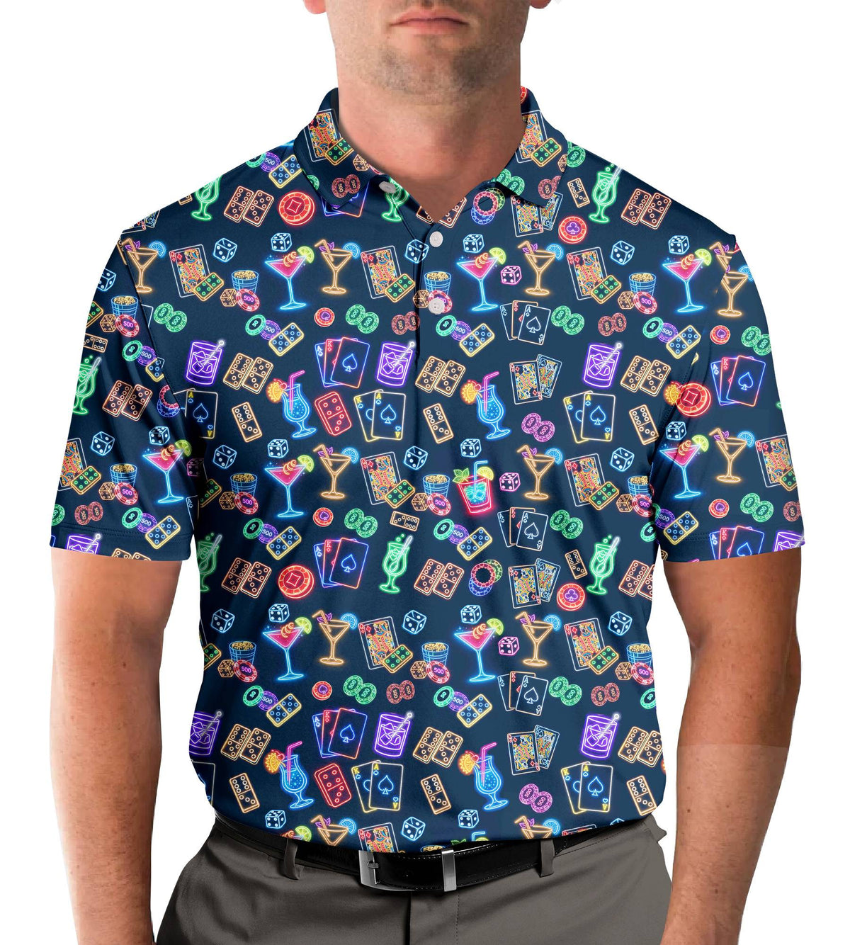 Lifestyle image of an adult wearing the navy casino neon polo shirt