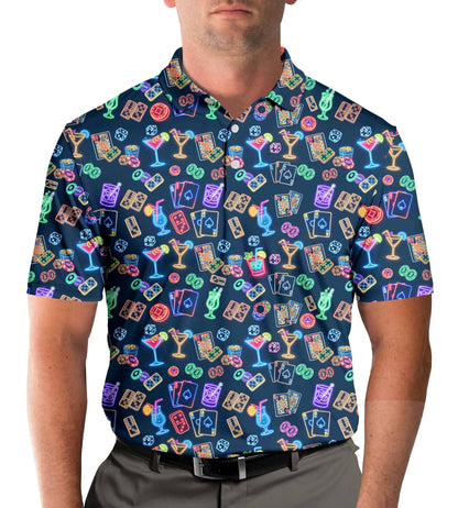 Lifestyle image of an adult wearing the navy casino neon polo shirt