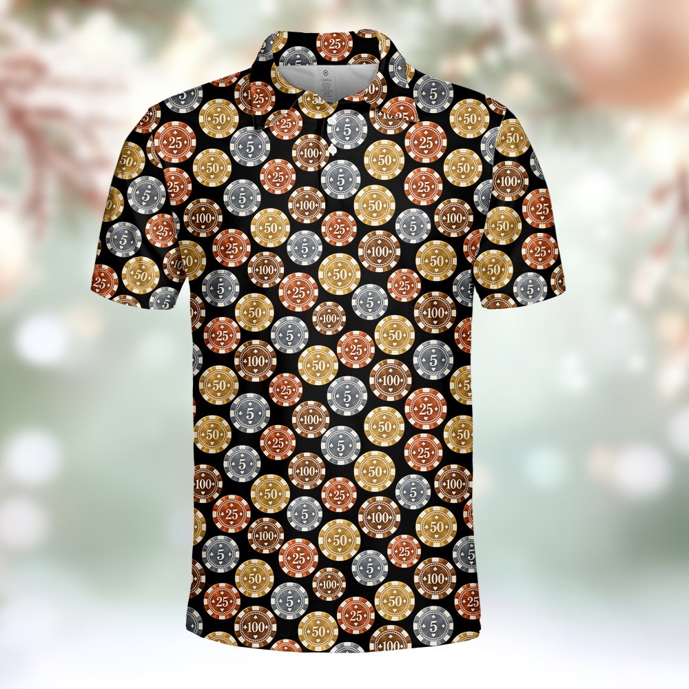 Yellow casino polo shirt with repeating poker chips pattern, front view