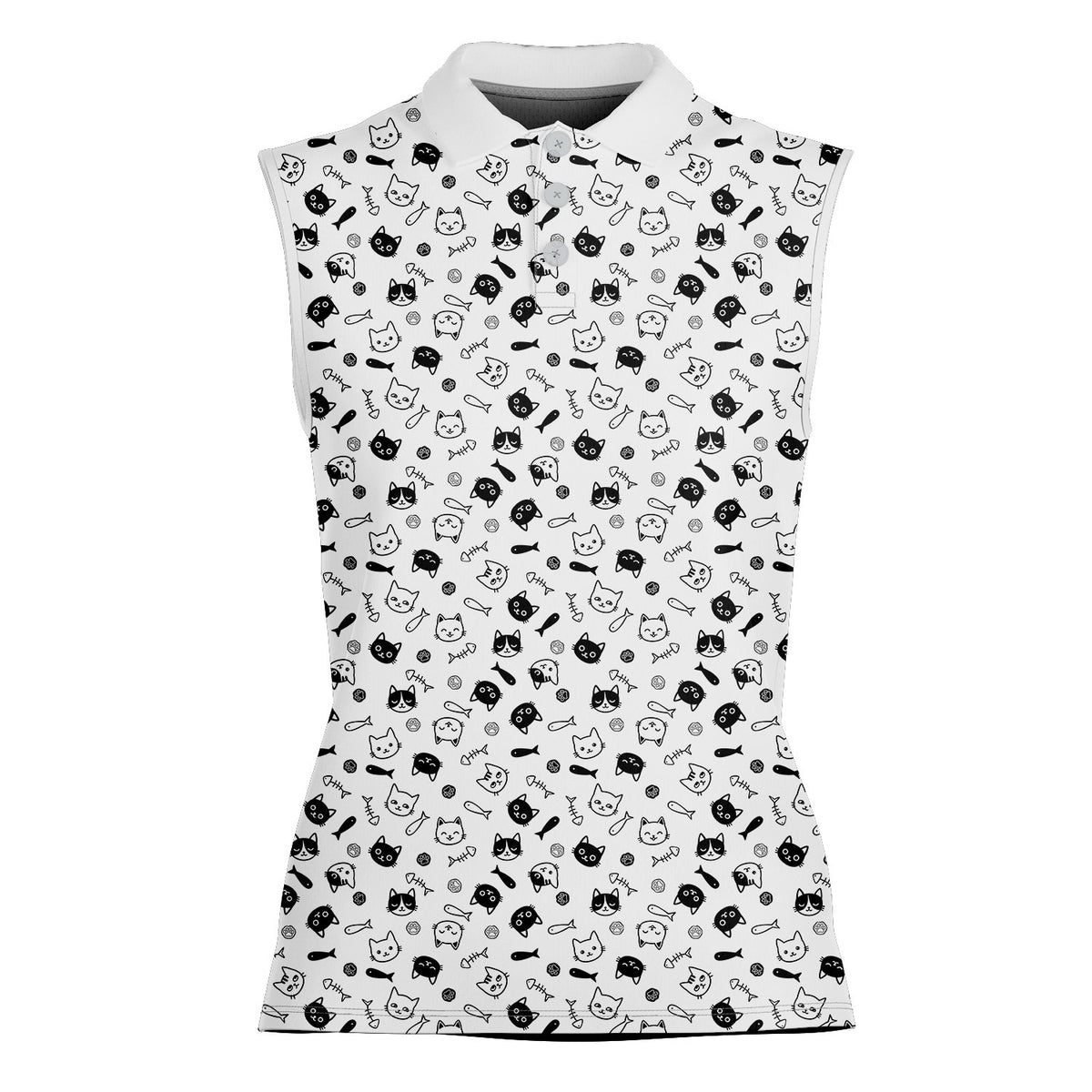 Close up of the white polo shirt with black cat doodle illustrations, front view
