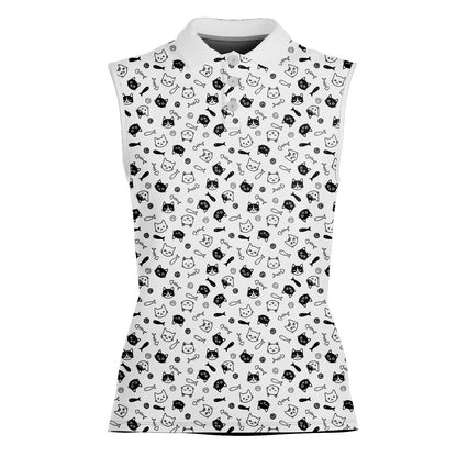 Close up of the white polo shirt with black cat doodle illustrations, front view