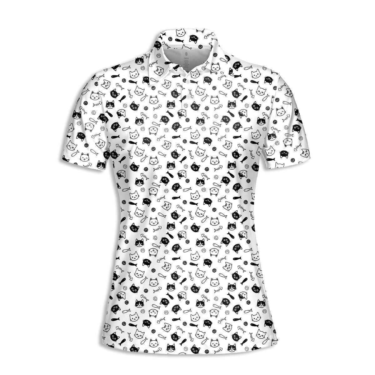 White polo shirt with cat faces and paw prints repeating pattern, front view