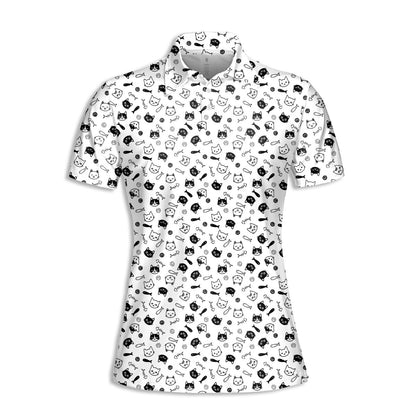 White polo shirt with cat faces and paw prints repeating pattern, front view