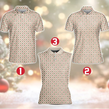 Full front view of the festive beige polo shirt