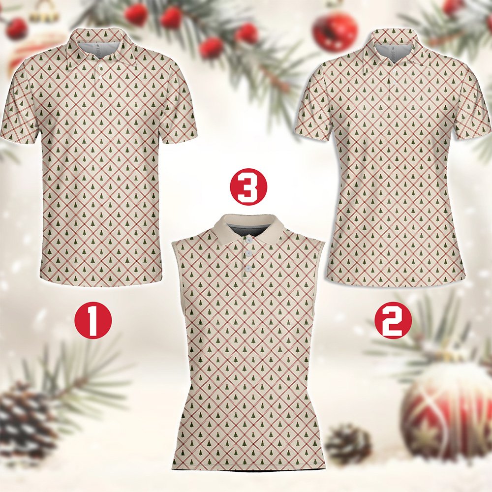 Detailed front view of the holiday tree pattern polo shirt
