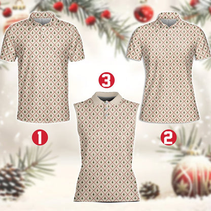 Detailed front view of the holiday tree pattern polo shirt