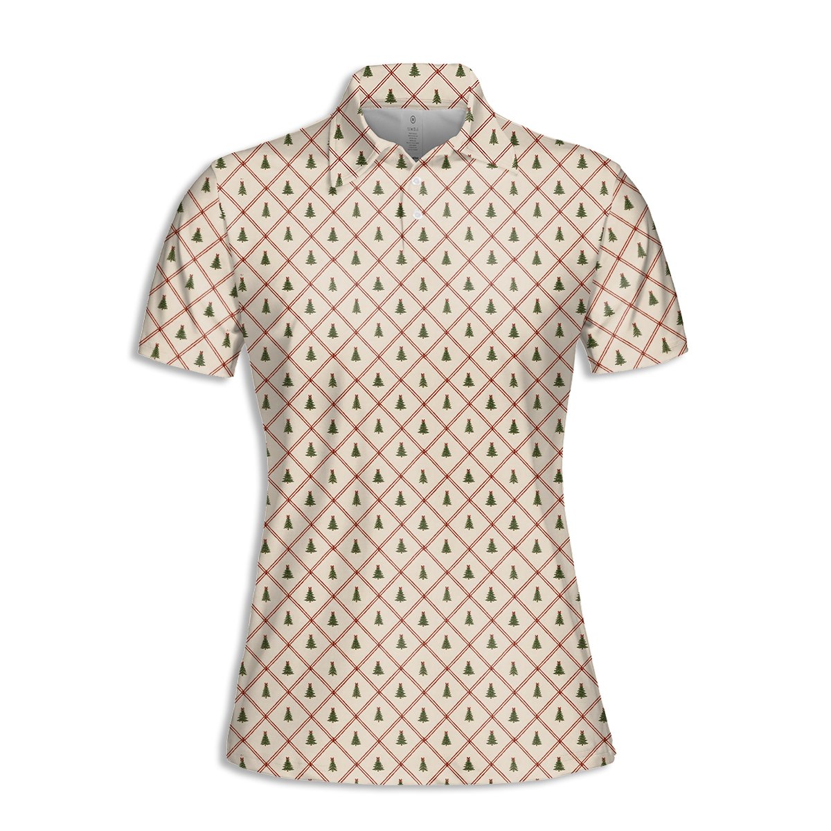 Front view of beige christmas polo shirt with holiday pattern