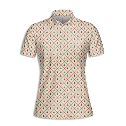 Beige golf christmas polo shirt with red diamond grid and green trees, main view