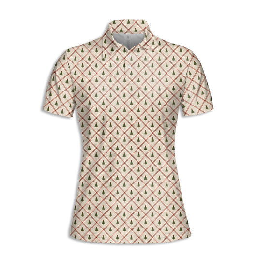 Beige golf christmas polo shirt with red diamond grid and green trees, main view